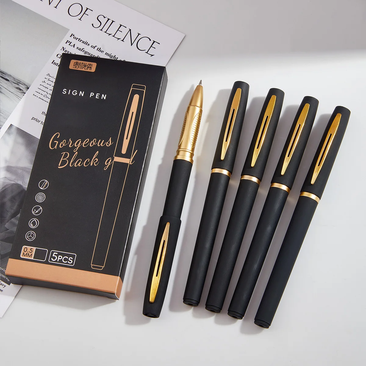 ブラックとゴールドのゲルペン 5 本パック - 0.5mm/0.7mm/1.0mm の細いペン先、大容量、オフィスに最適
