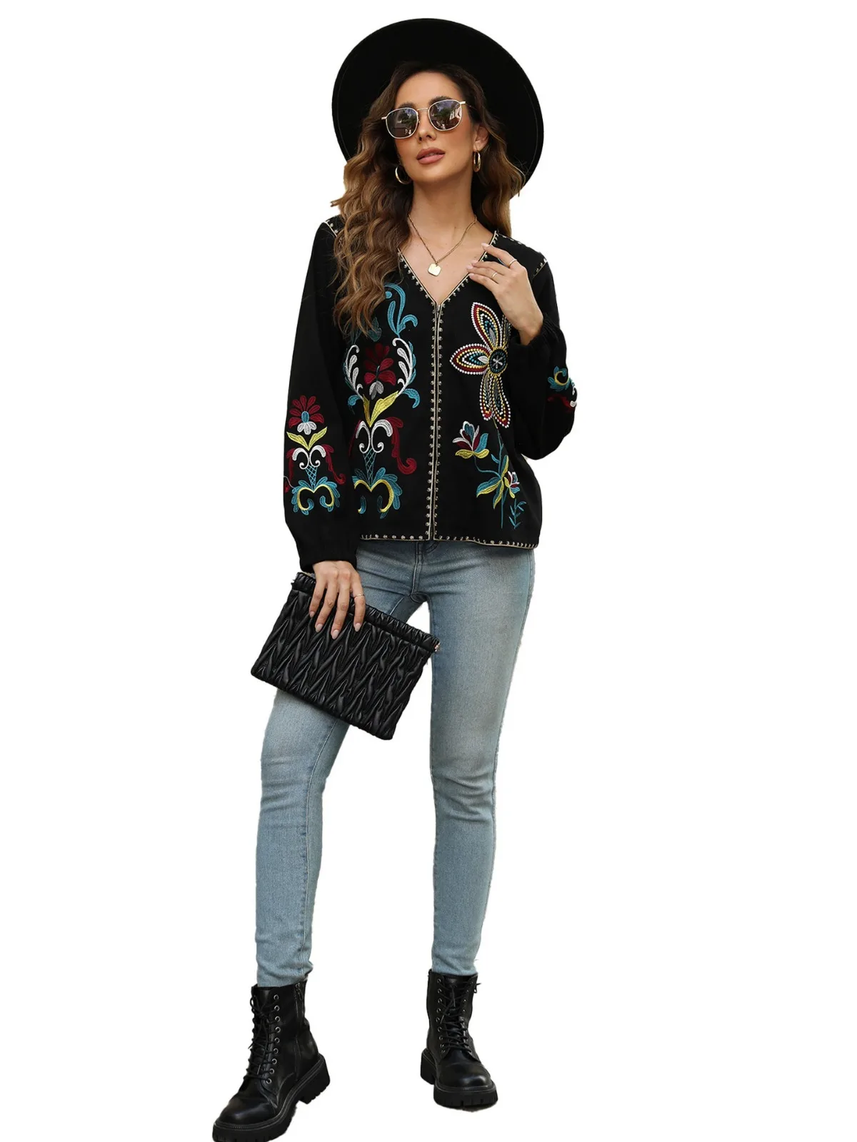 KHALEE YOSE Floral Embroidery Retro Jacket Black Autumn Srping Women Chic Boho Casual Long Sleeve Jackets Coats Streetwear New