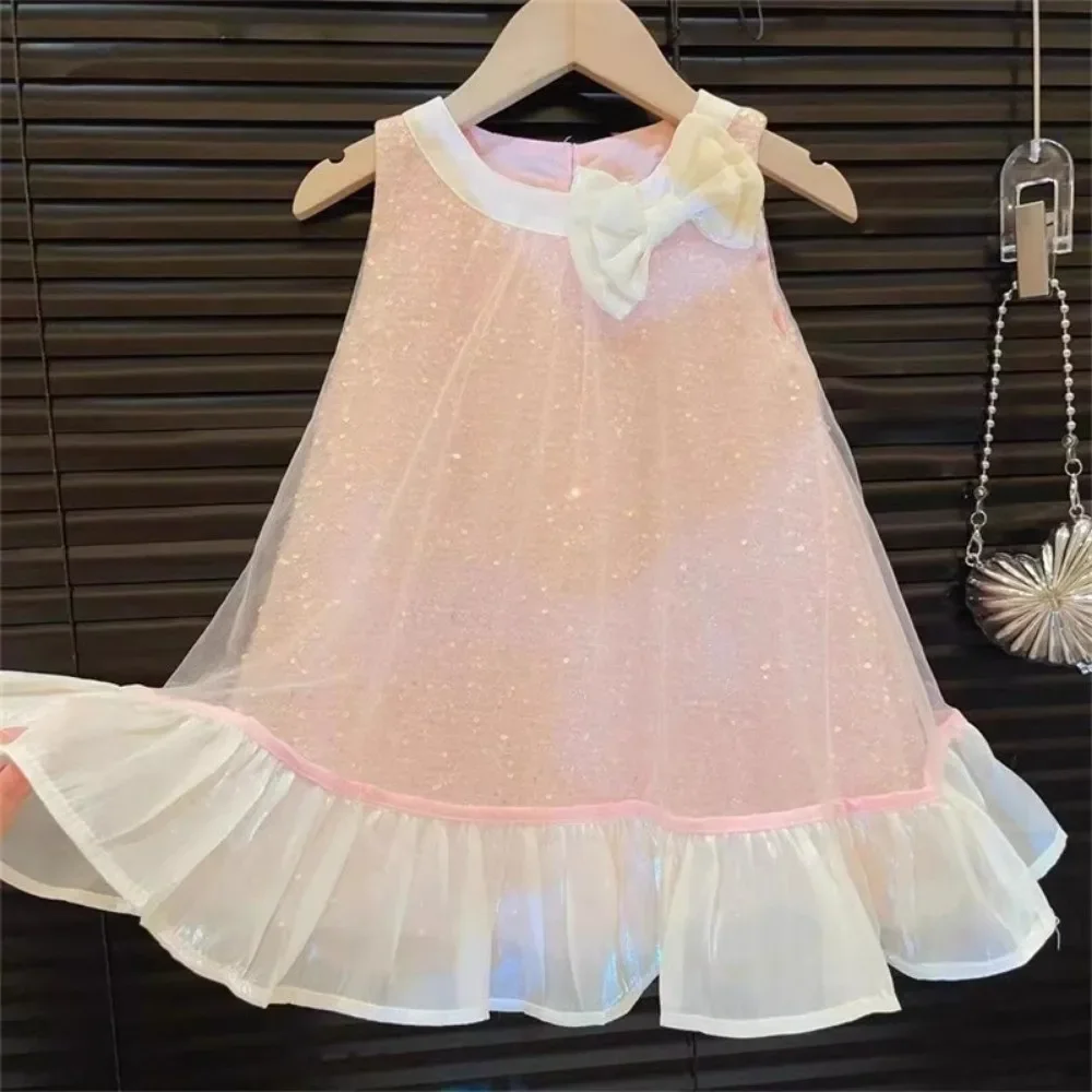 Sweet and Lovely Pink Party Princess Dress Summer New Bow Sequin Sleeveless Girls' Dresses Birthday Children's Clothing