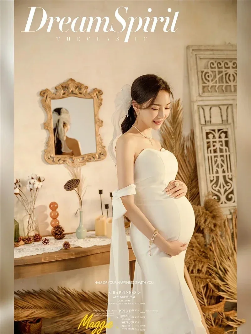 Women Photography Props Maternity Dresses White Elegant Tube Top Pregnancy Trailing Dress Studio Shooting Photo Props