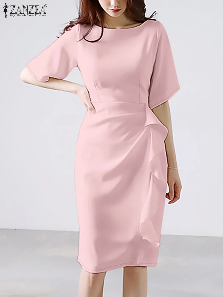 ZANZEA Summer 2024 Women Knee-length Vestidos Korean Fashion Flare Sleeve Ruffles Slim Fit Party Dress Elegant O Neck Robes