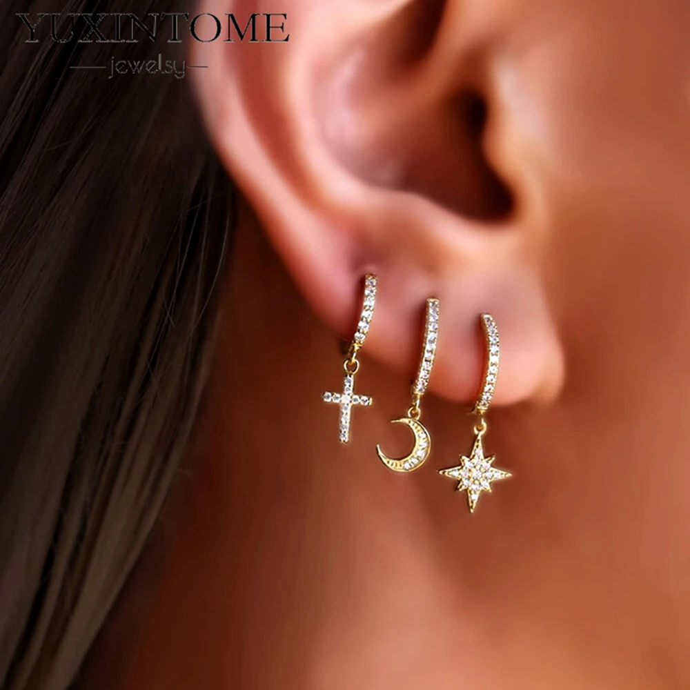 Five-Pointed Star Sparkling Charms Earrings 925 Sterling Silver Needle Pendant Hoop Earrings for Women Fashion Valentines Gift