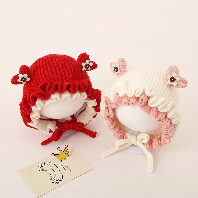 

Baby Toddler Caps For Girls Autumn Winter Warm Windproof Ear Protection Knitted Girls Hats Sweet Cute Lace Ruffle Princess Hat
