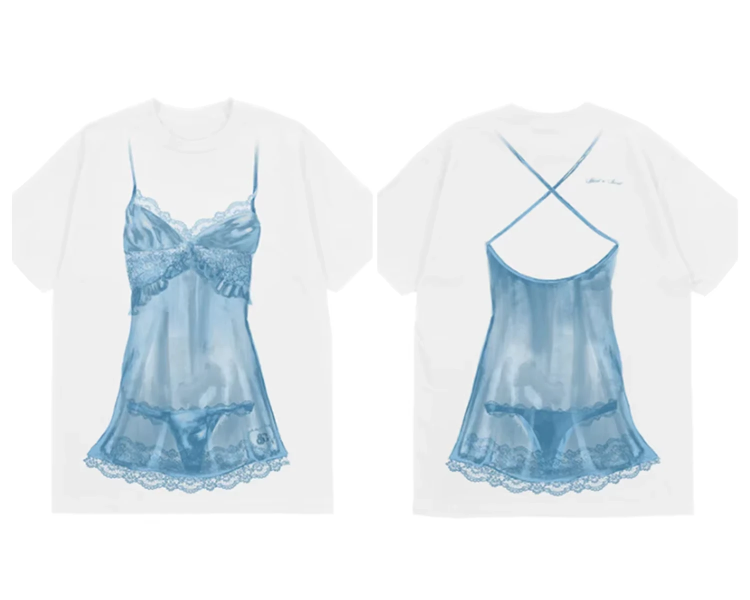 2026 Men Retro Lingerie Graphic T‑Shirt Blue Lace Nightgown Double‑Sided Print Short Sleeve Streetwear Tops