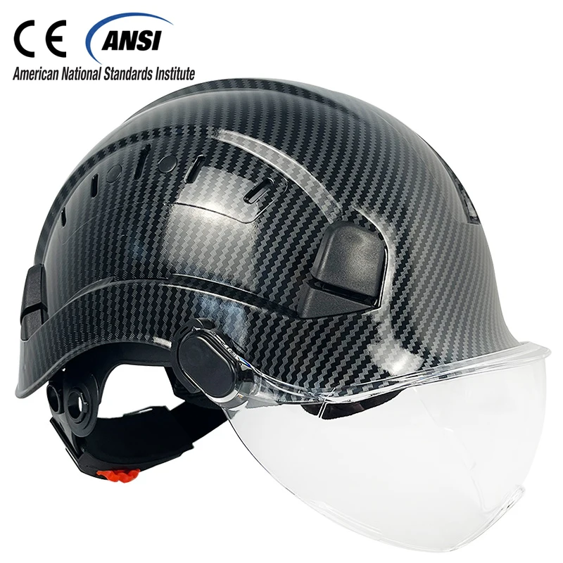 

Carbon Fiber Pattern Safety Helmet With Visor For Engineer Safety Cap Construction Hard Hat ABS Work Cap For Men CE EN397