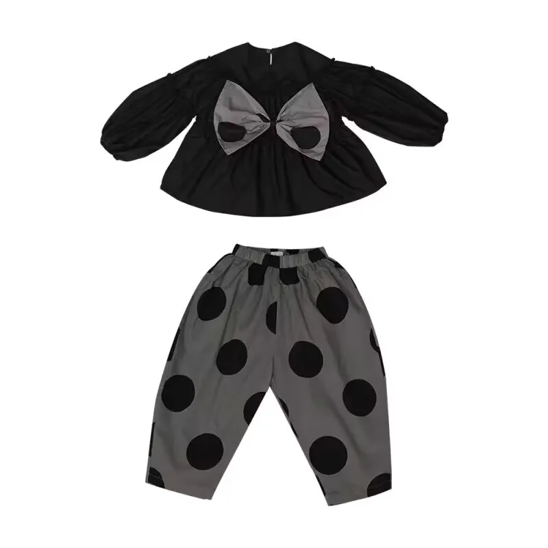 Toddler Baby Girl Clothes Outfit Girls\' Autumn Set New Baby Bow Bubble Sleeves Top and Pants Two piece Children\'s Clothing Set