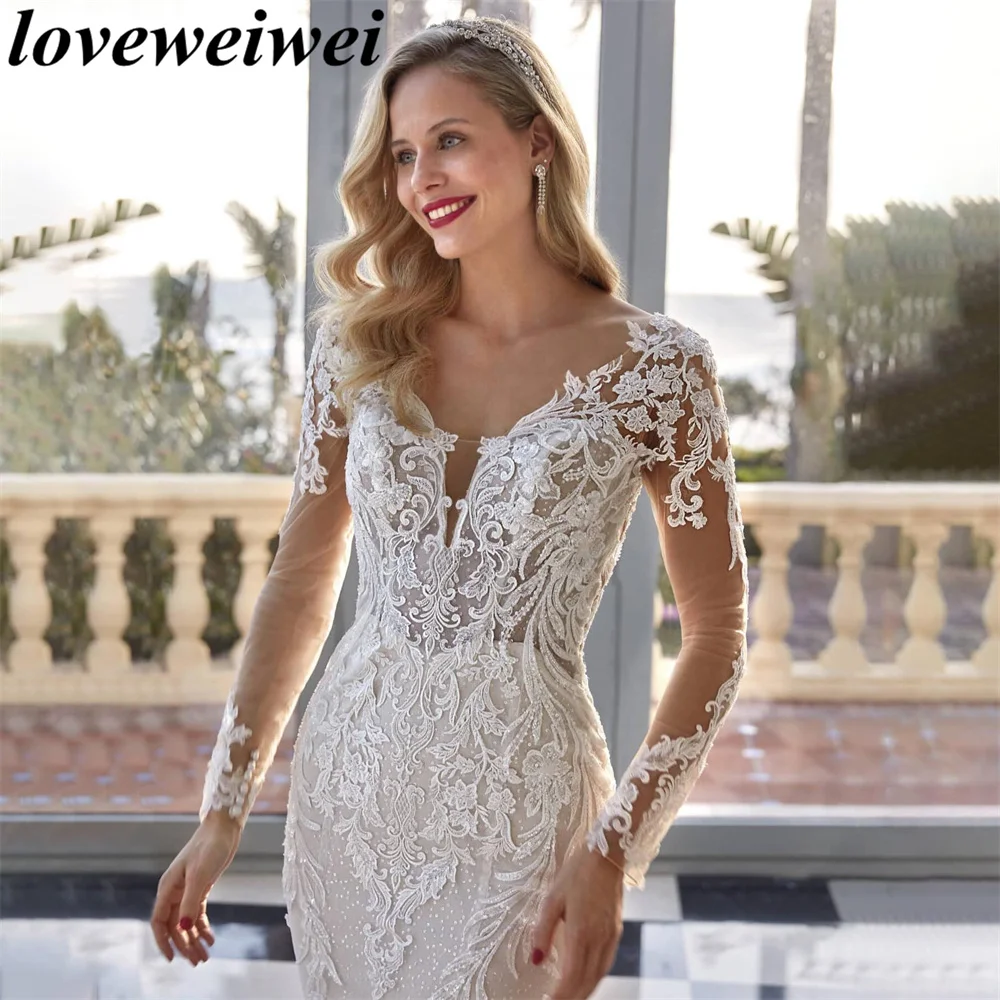 Vestido De novia De sirena con cuello en V, manga completa, Apliques De encaje, tren largo, bohemio, personalizado