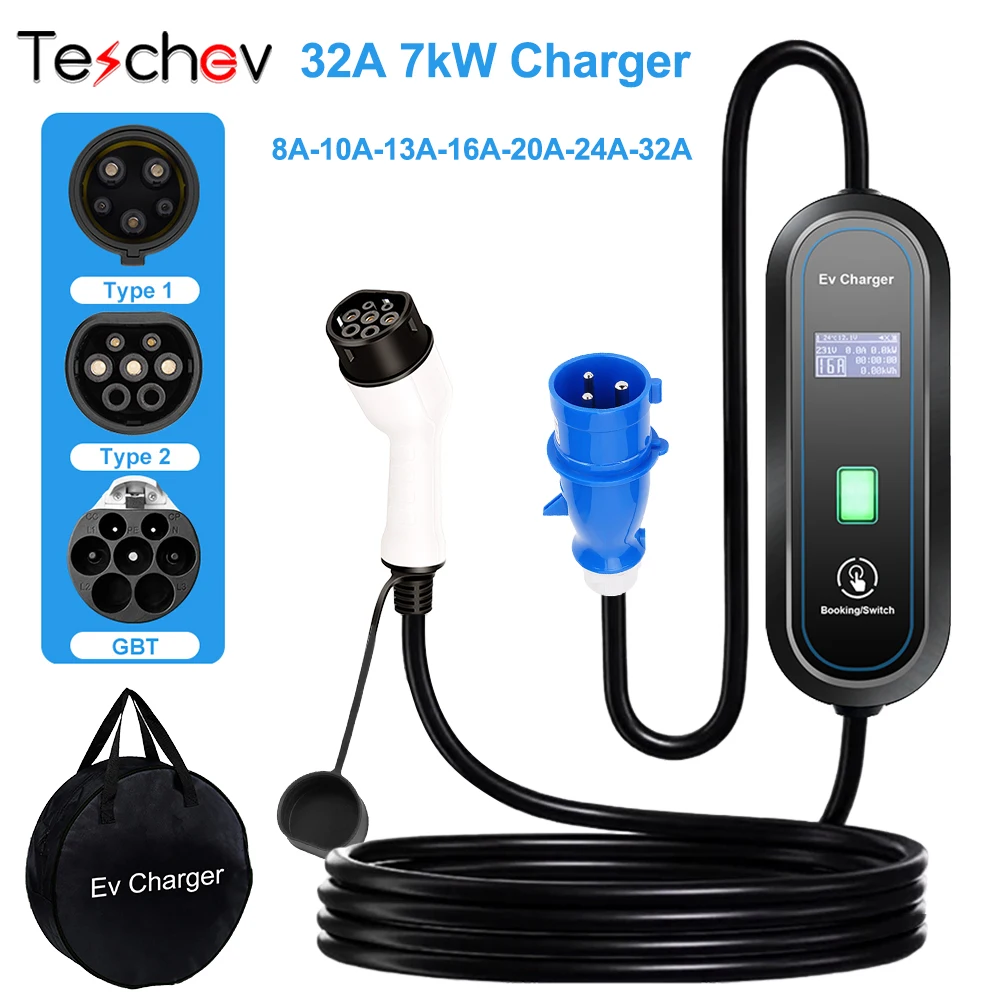 Teschev 32A 7KW Type2 Type1 EV Charger Portable GB/T Electric Vehicle Charger EVSE Charging Cable Home Charging Station CEE Plug