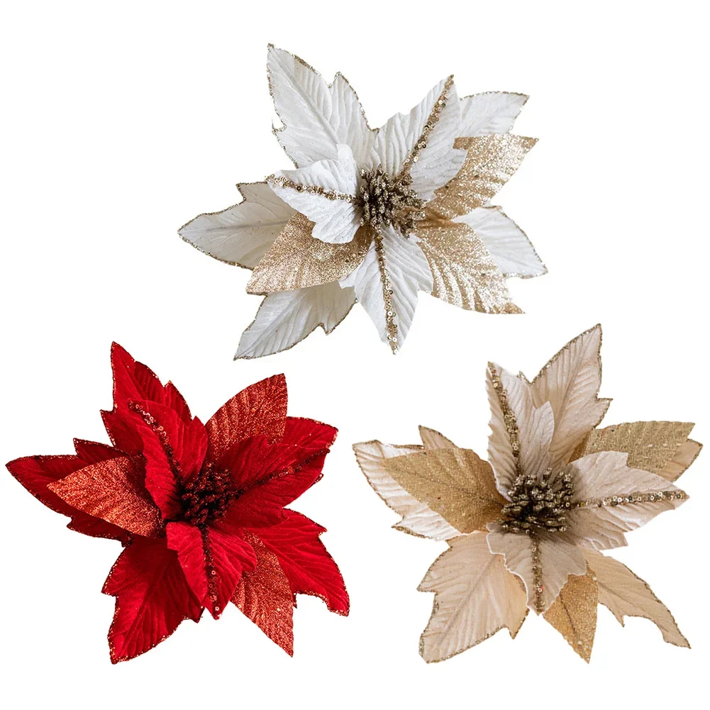

Glitter Christmas Poinsettia Flower 27cm Realistic Xmas Tree Hanging Flower Merry Christmas Decoration Xmas Gifts Happy New Year