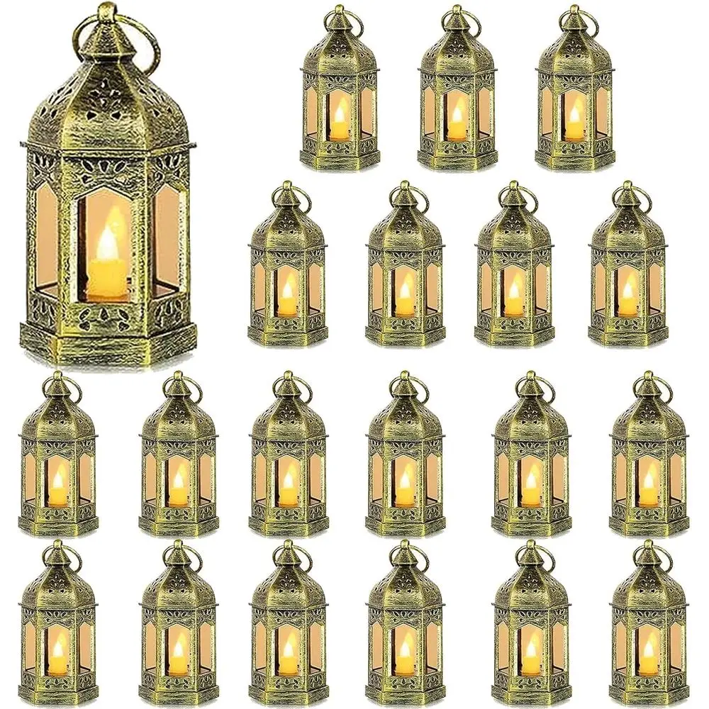 

Mini Lantern with lickering LED Candles Set o 20, Gold Vintage Decorative Hanging Candle Lanterns or Halloween, Chrisas, Wedding
