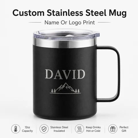 Mug Custom Mug Personalized Stainless Steel Insulated Coffee Cup with Handle and Lid Custom Name Text Photo Logo Home Birthday Gift