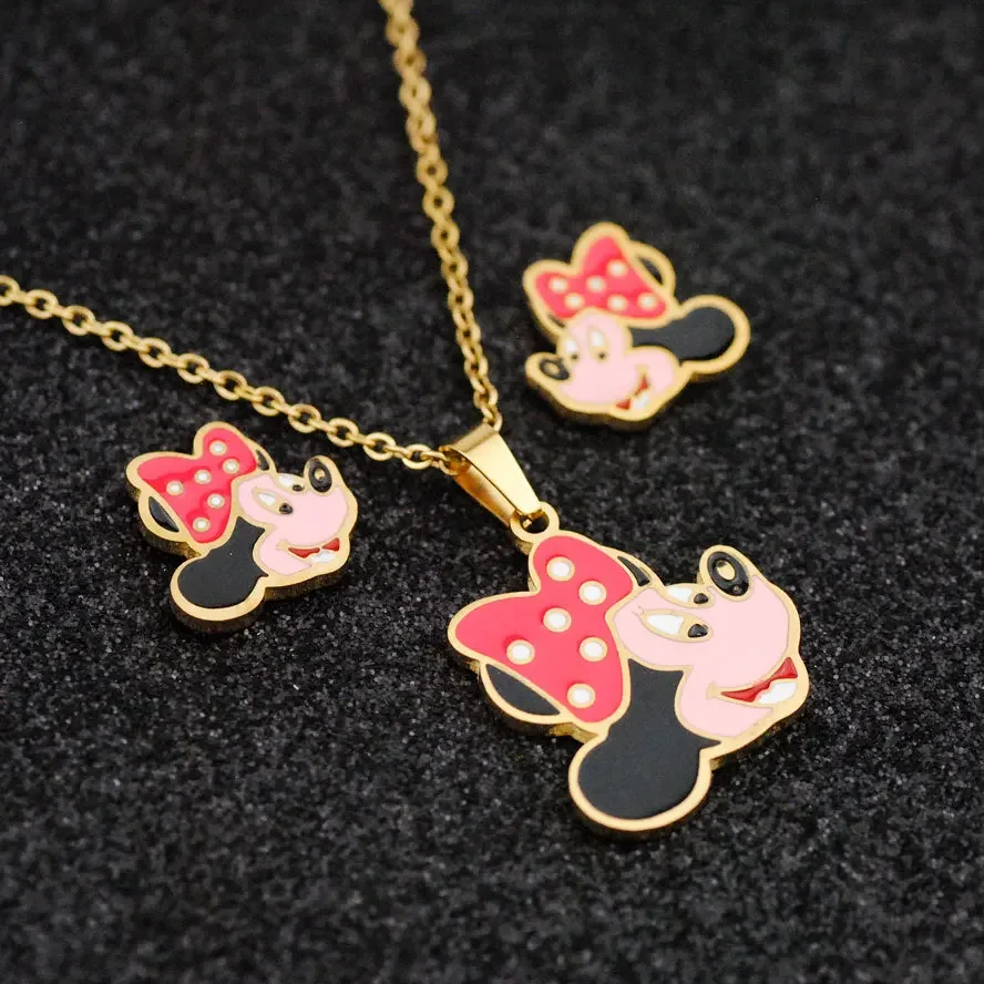 Disney Mickey Mouse Stud Earrings Necklace Set New Cute Minnie Dripping Stainless Steel Pendant Necklace Earrings Birthday Gift