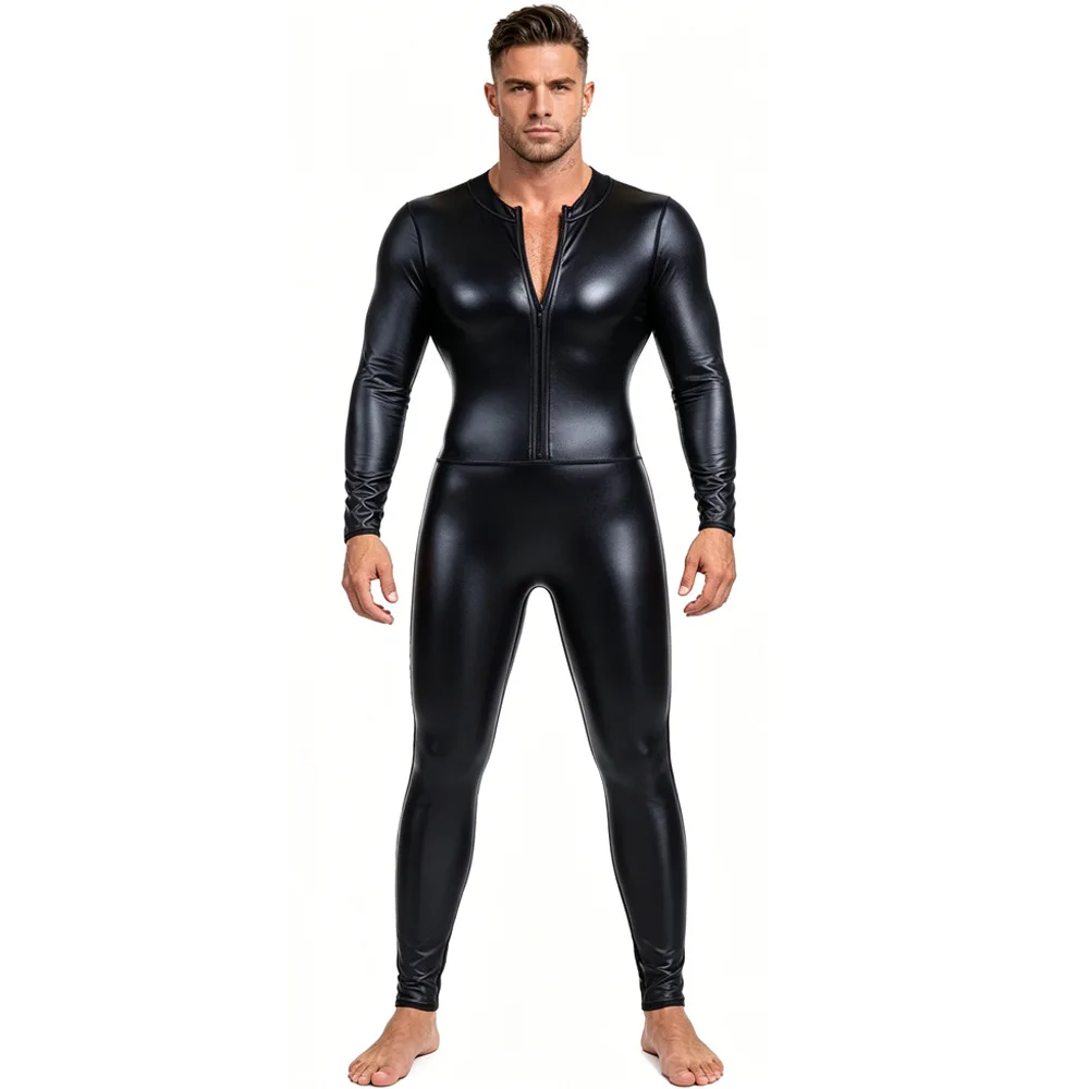 Sexy Mens Wet Look PU Leather Shapers Long Sleeve Zipper One Piece Tight Bodysuit Night Club Leather Jumpsuit Shaper