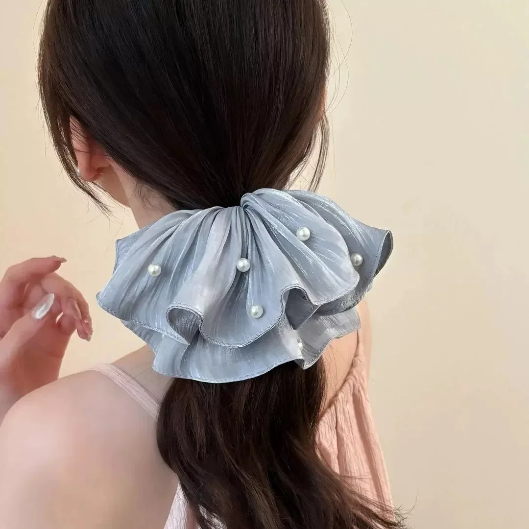 Romantische Chiffon-Haargummis im französischen Stil, faltig, High-End-Haarknoten für Damen, Haarseil, Pferdeschwanz, Haargummi, Perlen, Haar-Accessoires