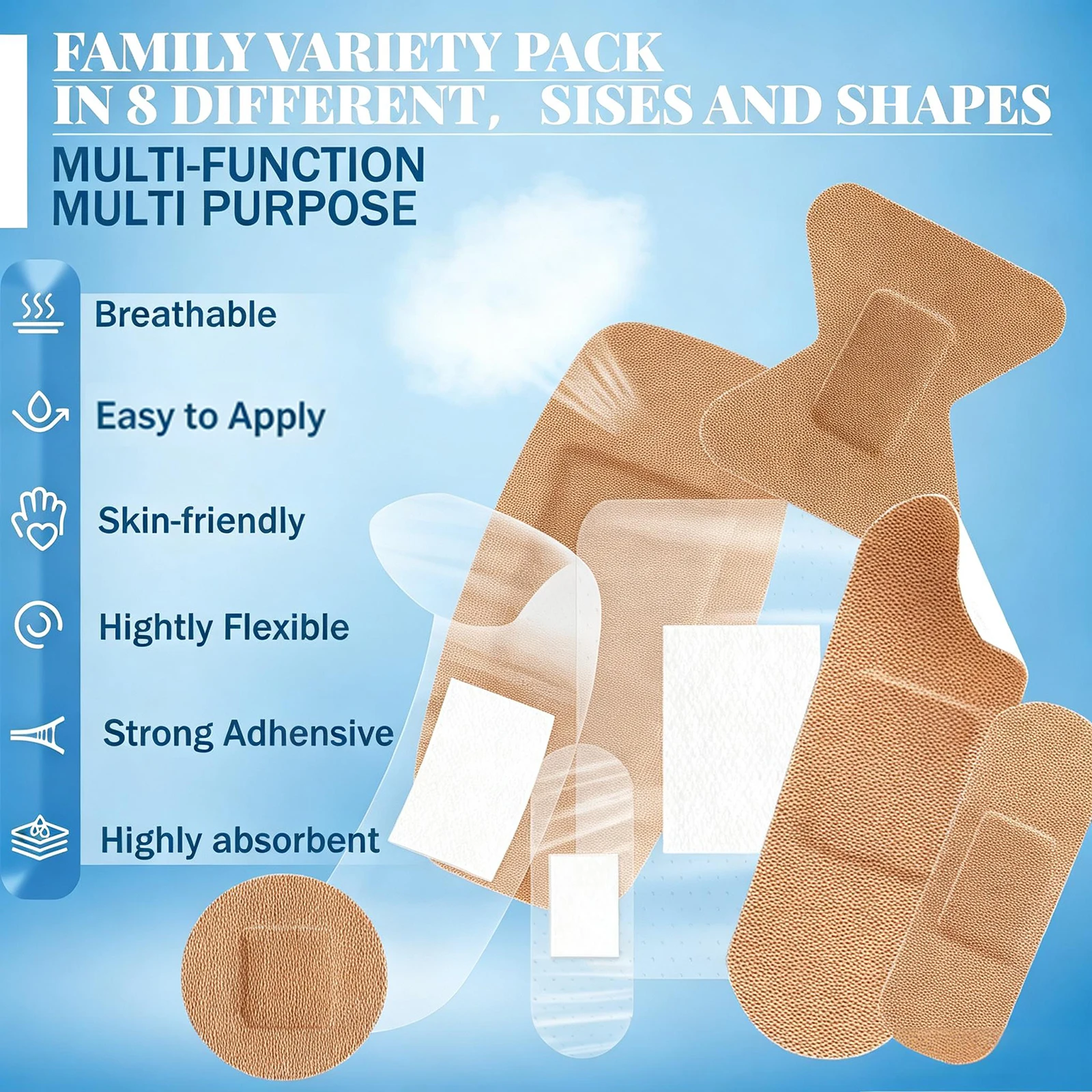 100Pcs Mixed 8 Styles Elastic Fabric & PE Transparent Bandages Set Breathable Adhesive Wound Patches for Home First Aid Minor Cu