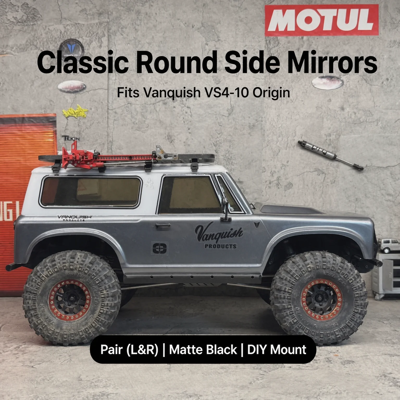Fits Vanquish VS4-10 Origin Ultra Pro Vintage Round Silicone Side Mirrors Pair Black Soft  1/10 RC Crawler Upgrade OP Parts