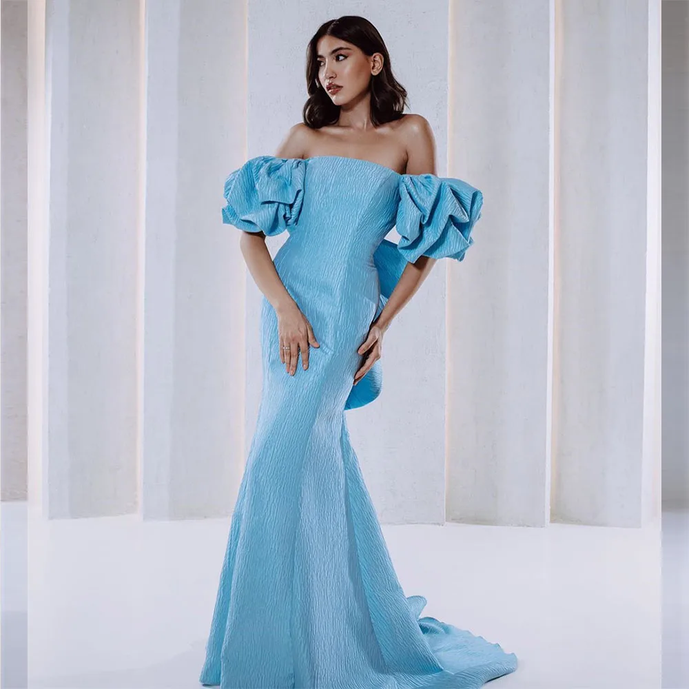 

Off the Shoulder Evening Dresses Boat Neck Pleat Ruffle Backless Prom Gown Sweep Train Simple Party Dress فساتين مناسبة رسمية