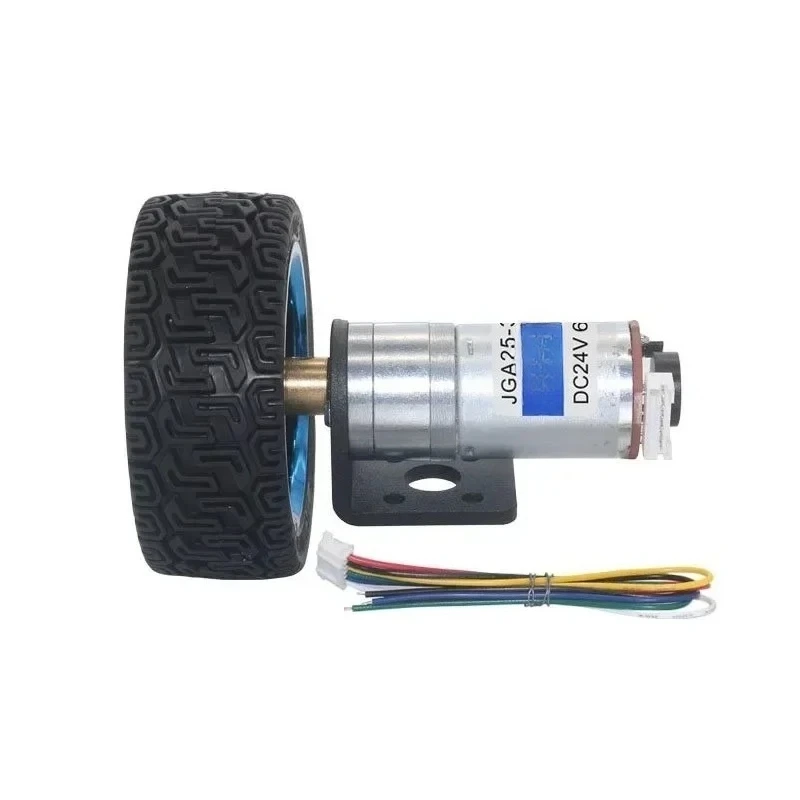 JGA25-370 DC Gear Reduction Motor with Encoder + Rubber Wheel DC6V/24V CW CCW Reversible for Robot Balance Tracking