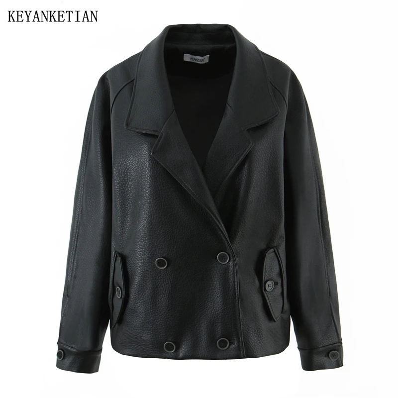 

KEYANKETIAN 2026 Spring New Women's Double Breasted Faux Leather Jacket Unisex style Oversize Turn Down Collar Loose Blazer Coat