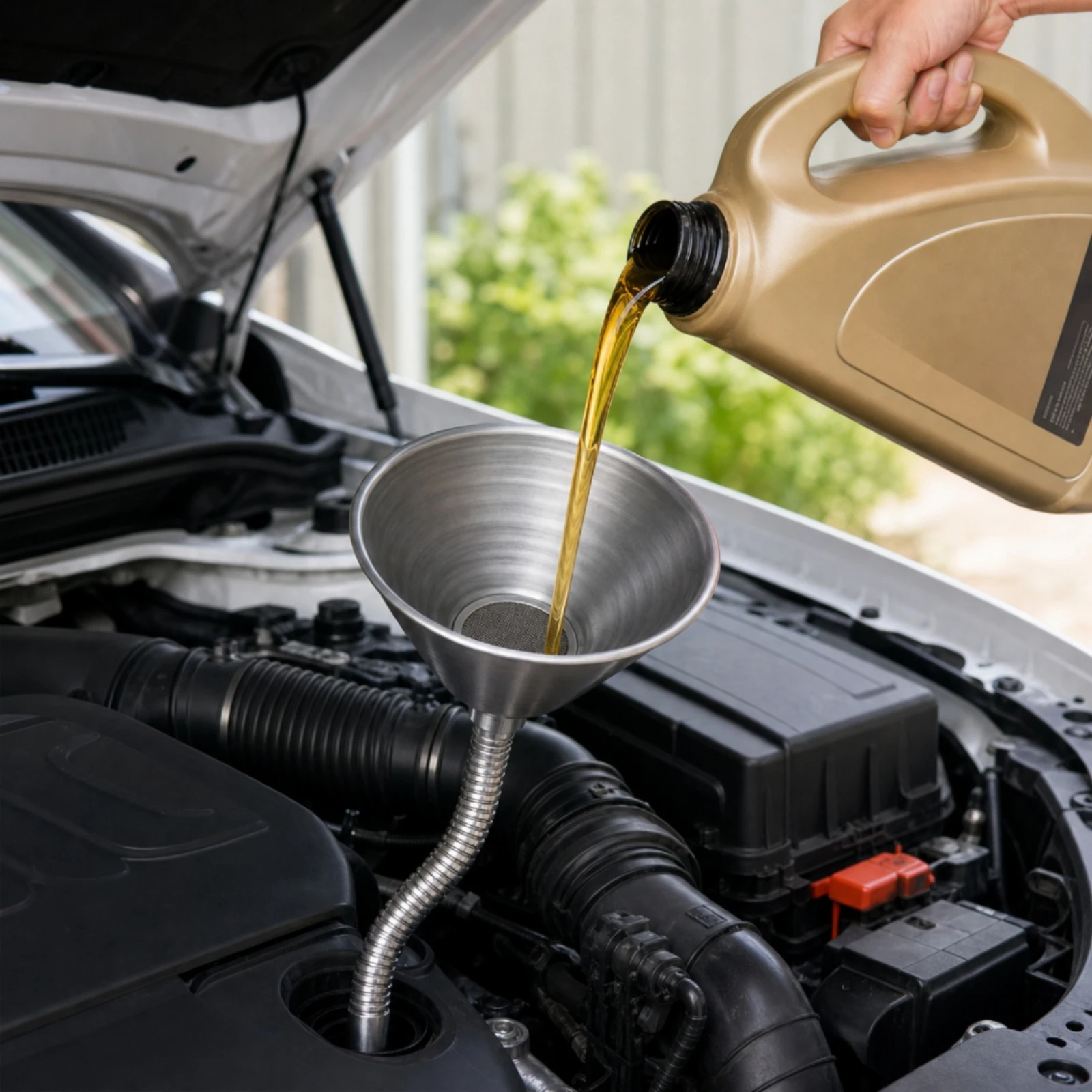 Funnel with Flexible Hose Wide-Mouth Metal Funnel with Filter Difficult-to-Reach Long-Lasting for Mechanics, Garage