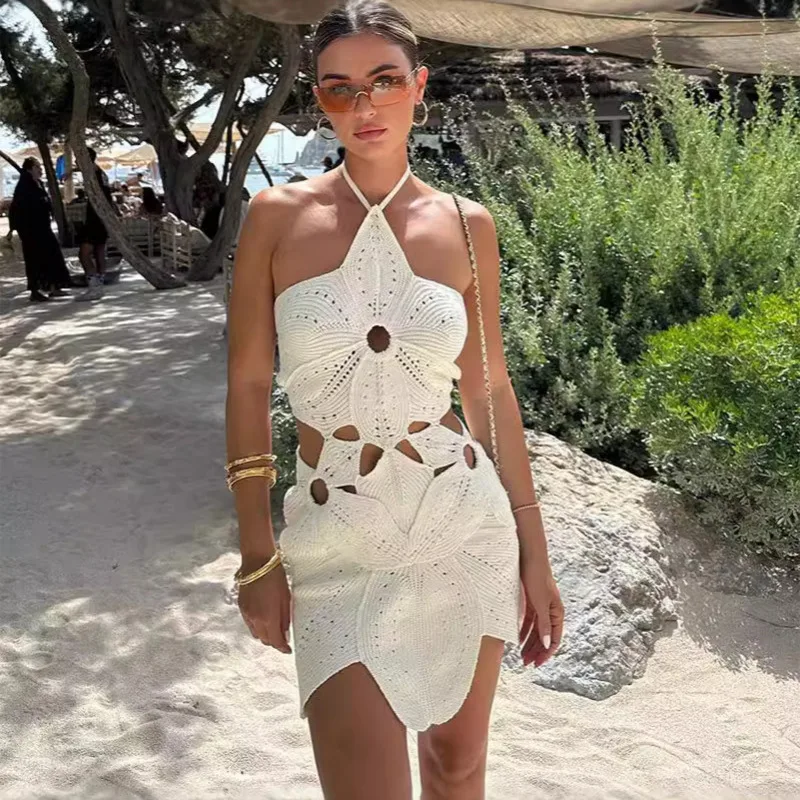 Crochet Dress Women Asymmetric Hollow Out Backless Beach Mini Dress White Summer Vacation Party Clubwear Female Fashion