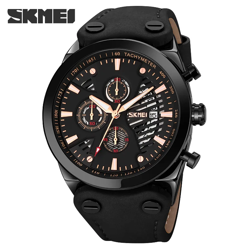 SKMEI Fashion Vintage Quartz Watch Luxury Leather Strap Men\'s Watches Top Brand Business Wristwatch Stopwatch Calendar Clock