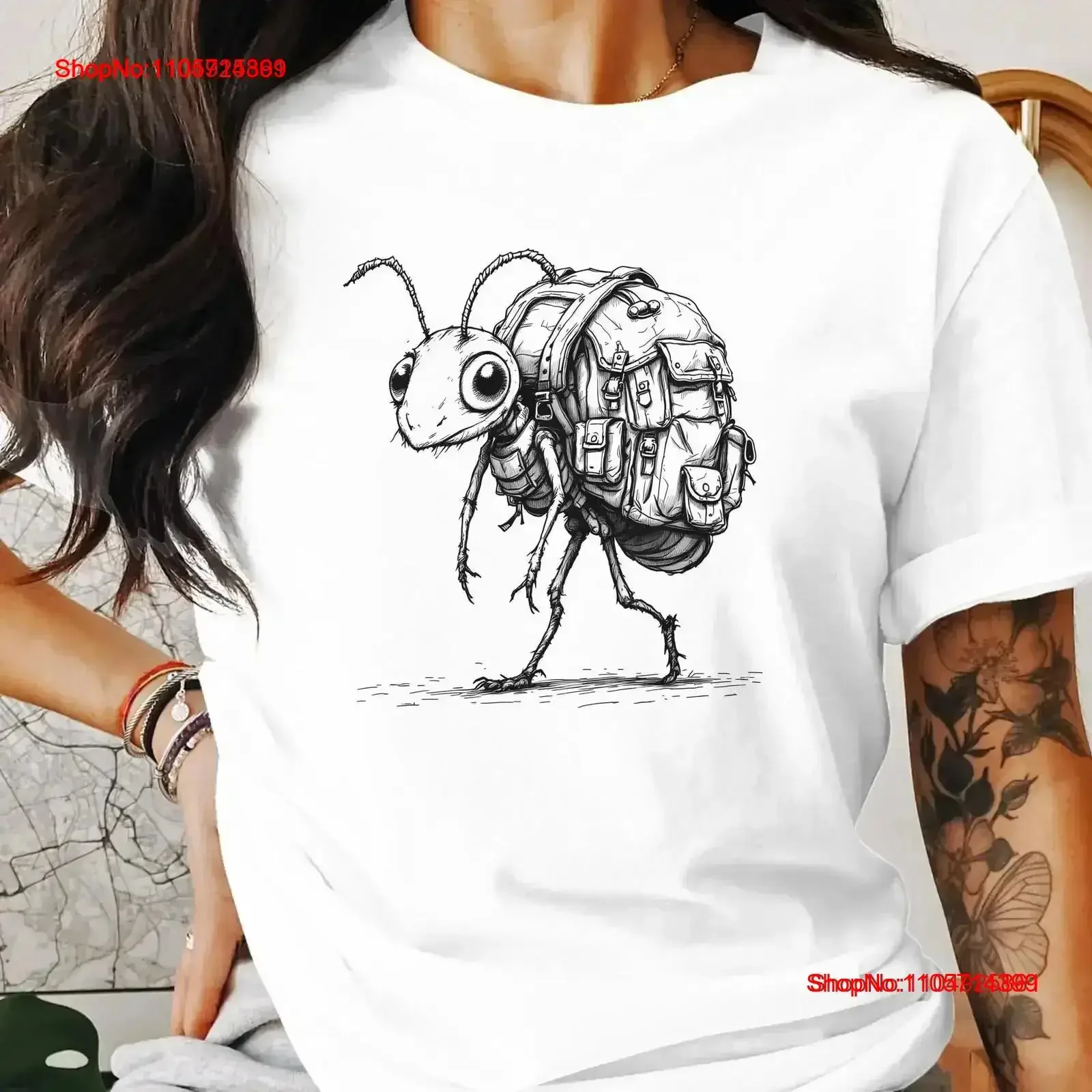 Cute Ant with Backpack Illustration T Shirt Unique Insect Art Fun and Whimsical Design Casual vintage Washed graphic homme
