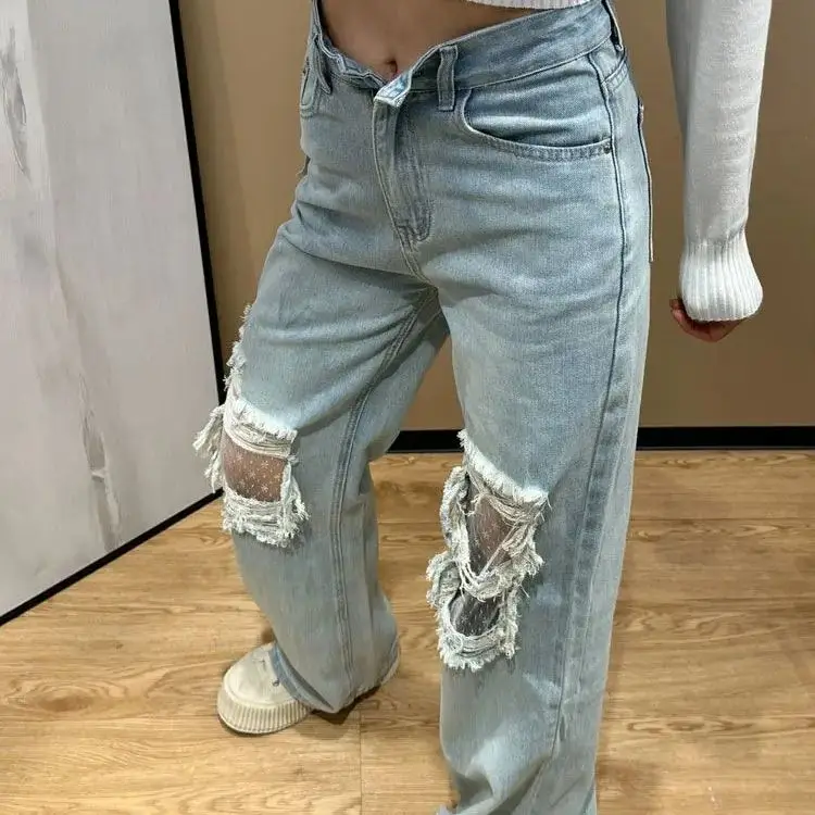American Design-Sensory Ripped Lace Spliced ​​Denim Trousers Women Spring Summer New High-Waist Loose Straight Wide-Leg Pants