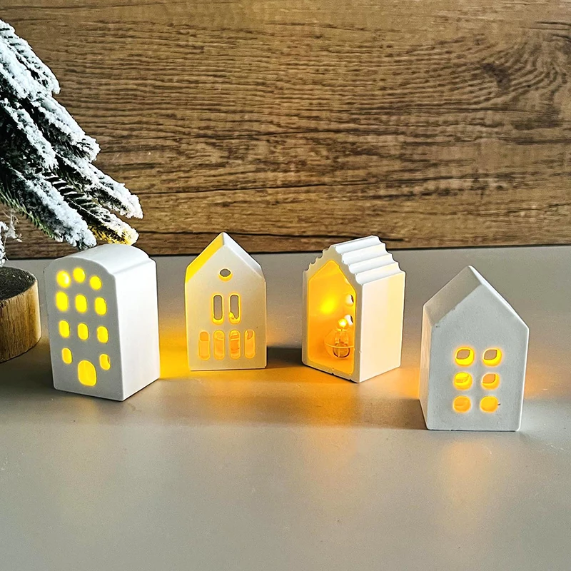 Mini White House Pendant Silicone Mold Aromatherapy Gypsum Christmas House Candle Holder Mold Christmas LED Light Decoration