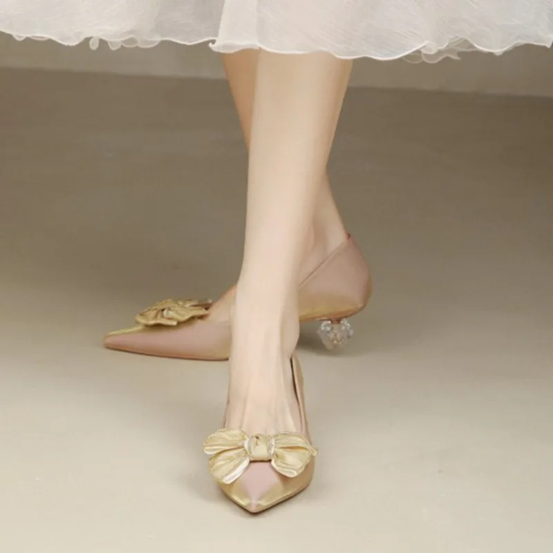 Женская мода, нескользящие туфли на низком каблуке с острым носком и узлом-бабочкой, туфли на маленьком квадратном каблуке