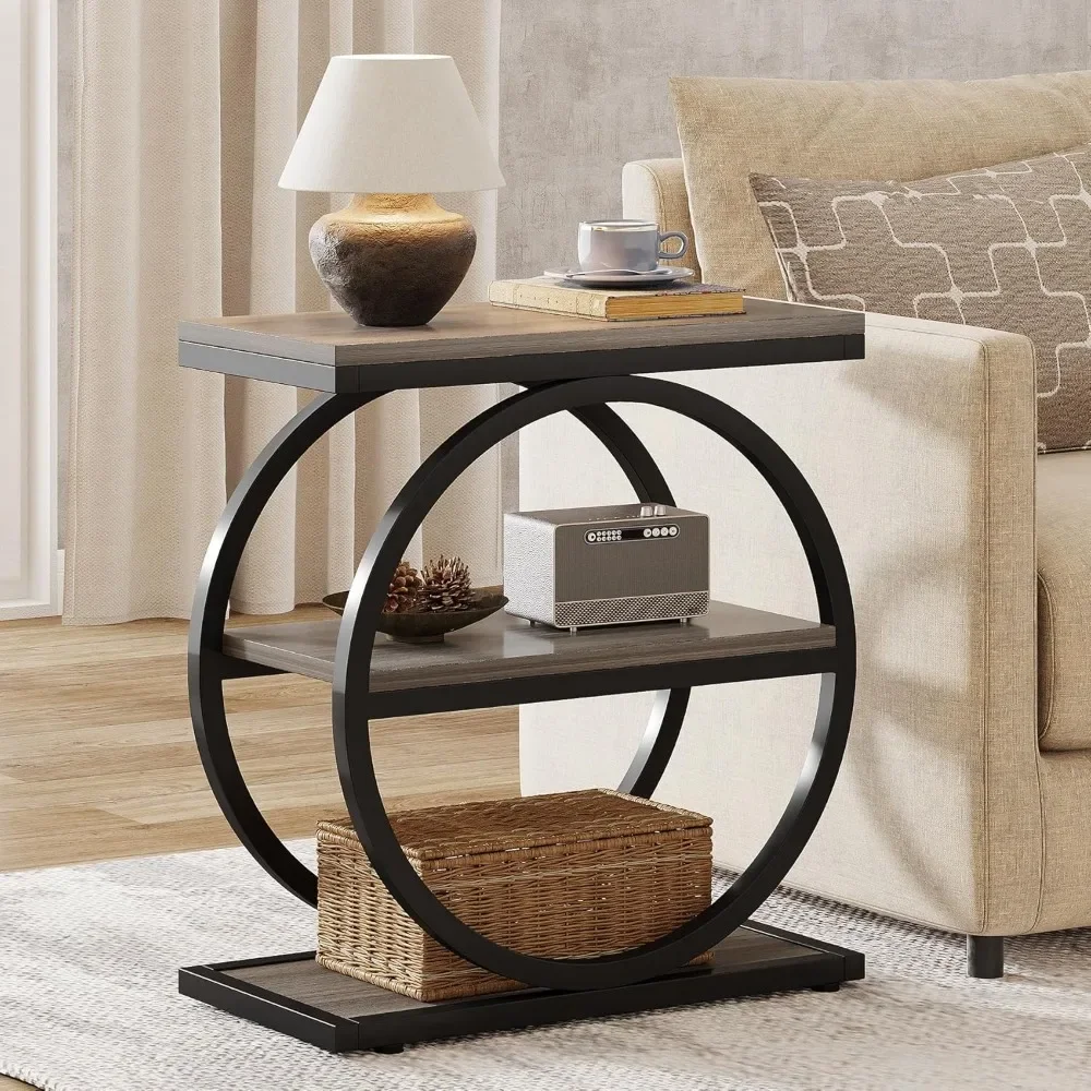 

End Table, Narrow End Table with 3 Storage Shelves, Wood Side Table with Black Metal Frames, Industrial Small Sofa Side Table