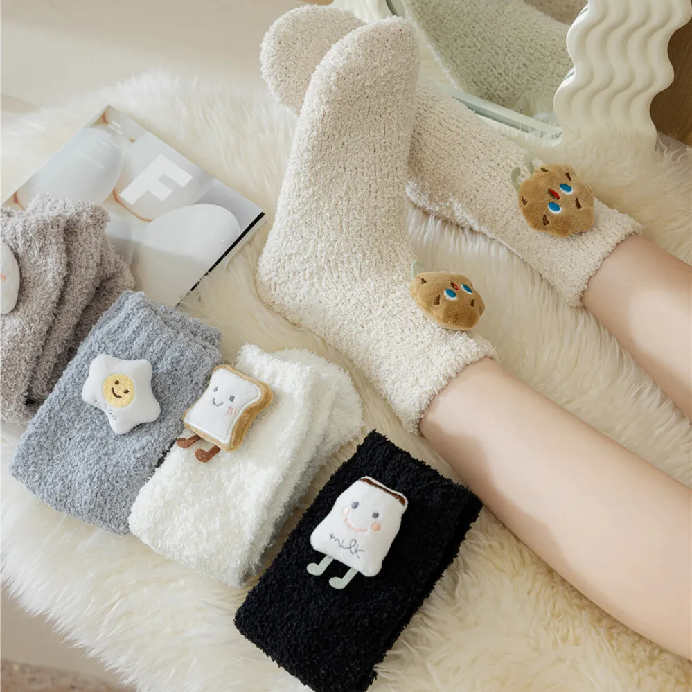 1PR No Lint Coral Fleece  Female Mid-Calf  Autumn and Winter Thickening Warm Keeping Floor Maternity Socks Home Socks Expression