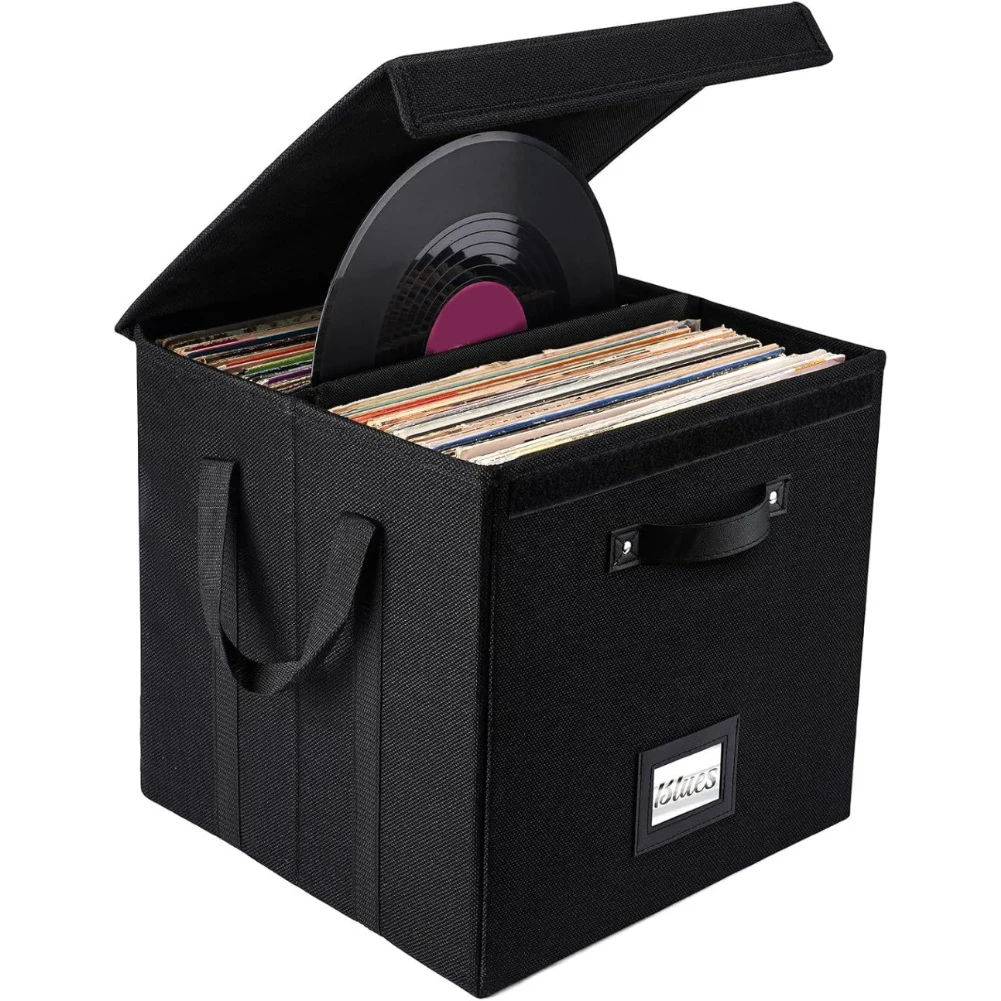 Vinyl Record Storage Box for LP Albums 13 Inch Linen Fabric Case with Sturdy Cardboard Base and Modular Design