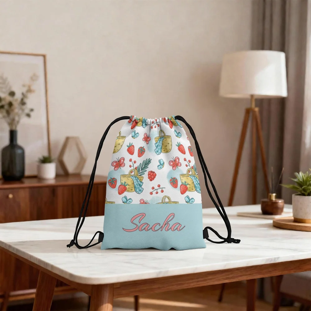 Custom Name Fruit Floral Drawstring Backpack, Personalized String Sack Bag Lightweight Foldable for Outdoor Summer Holiday Gift