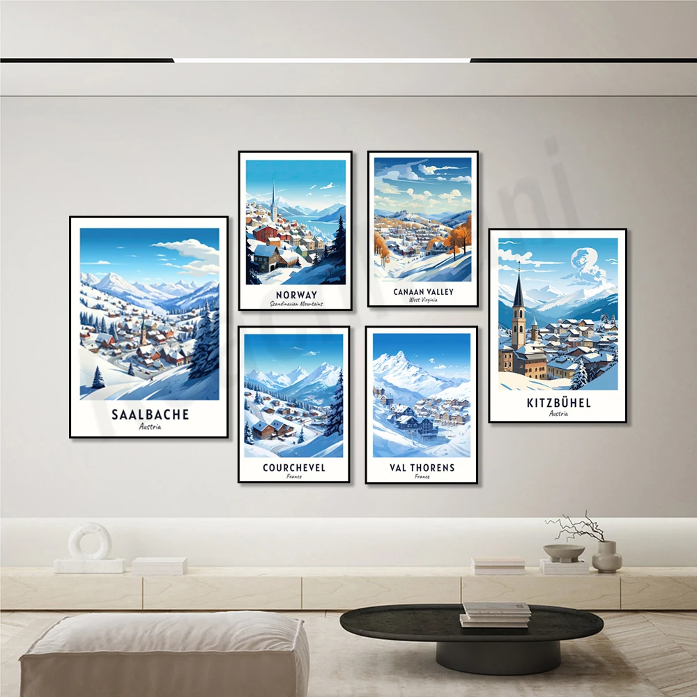 France, Tignes, Meribel, Val Thorens, Canaan Valley, Whistler, Saalbach, Courchevel, Norway, Kitzbühel ski resort, travel poster