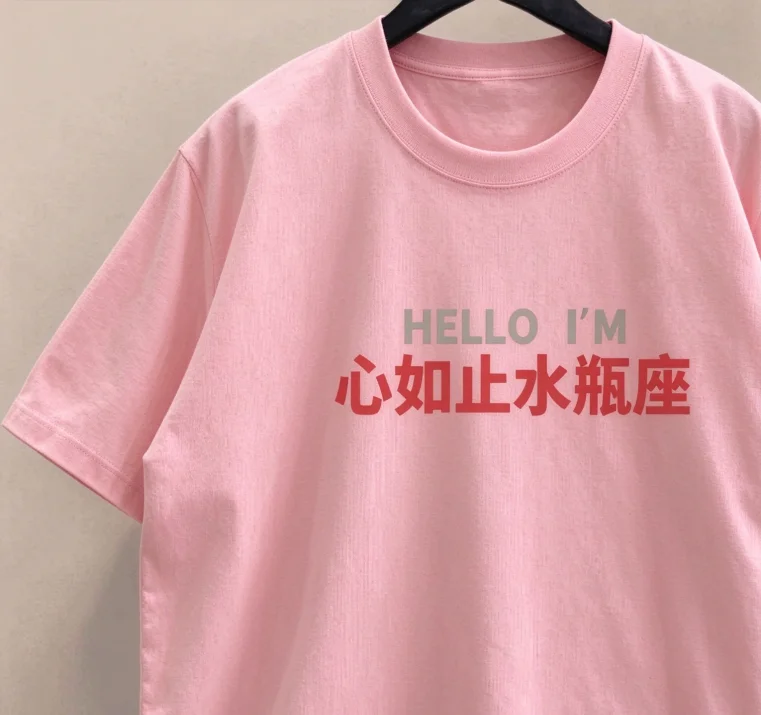 Unisex Crew Neck T-shirt Hello I'm Aquarius Chinese Text Print Loose Short Sleeve Casual Streetwear Tee For Men Women