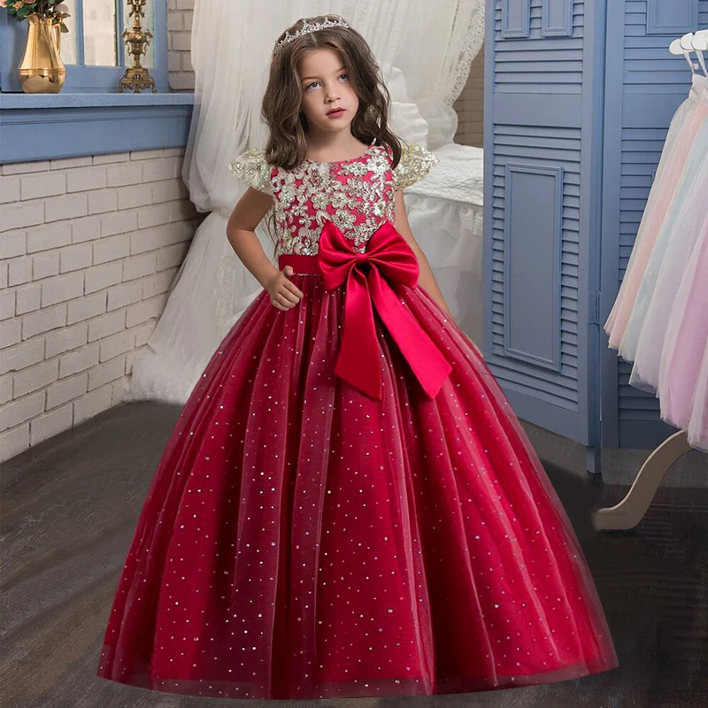 Girls Dress Skirt Big Boy Sleeveless Sequin Wedding Dress Flower Girl Dress Girl Embroidered Mesh Long Dress 4-14T