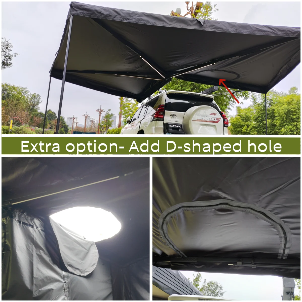 Sunproof 2.0m 2.5m Car Rooftop Tent With Free Standing 270 Degree Awning Annex D Hole Wall LED Lights Made Of Oxford Fabric