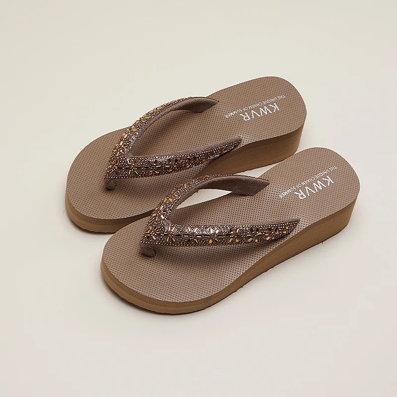 

Women Summer Slippers Sequins Beach Female Flip Flops Ladies Shoes Wedges 4cm High Heels Casual Beach Sandals Slides