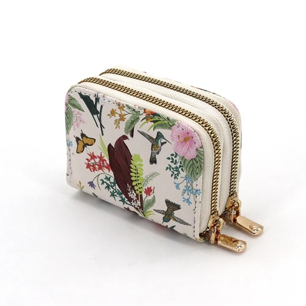 Double Zipper Coin Purse Wallet Multiple Card Slots Large Capacity Money Organizer Wallet Anti-Magnetic Flower Printed