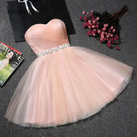 Women's Blush Pink Strapless Sweetheart Neckline Homecoming Dress Rhinestone Waist Tulle Mini Party Dress for Prom Bridesmaid