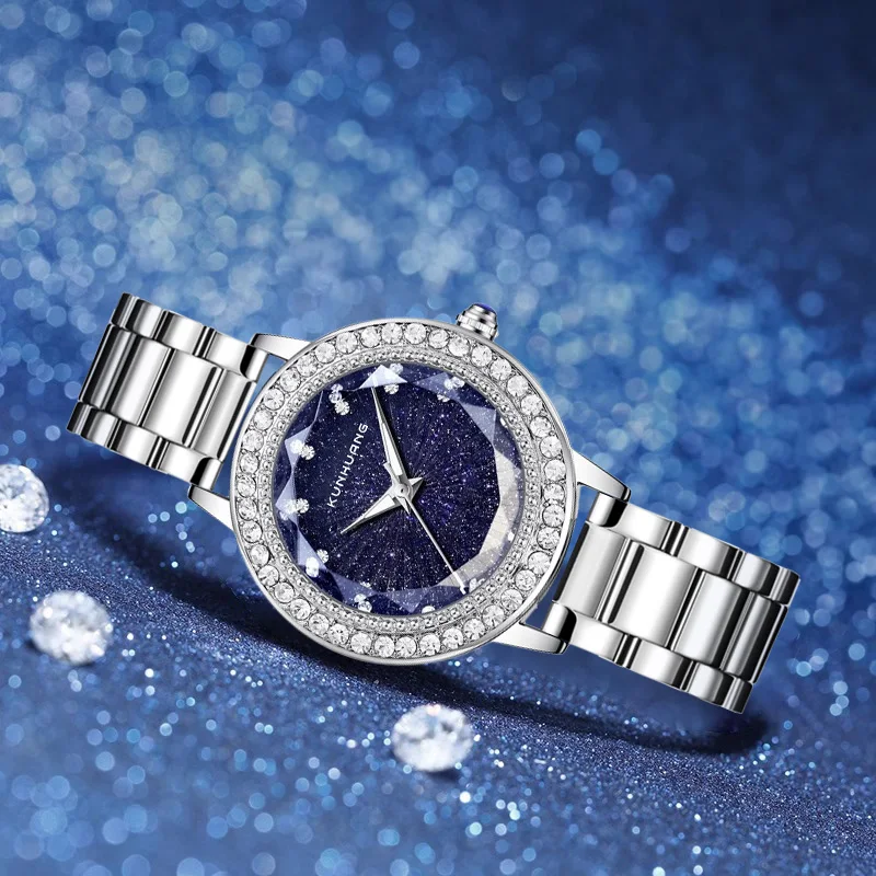 

KunHuang fashion quartz watch for woman Starry Blue Diamond encircled Dial Stainless Steel Band Waterproof women‘s’ wristwatch