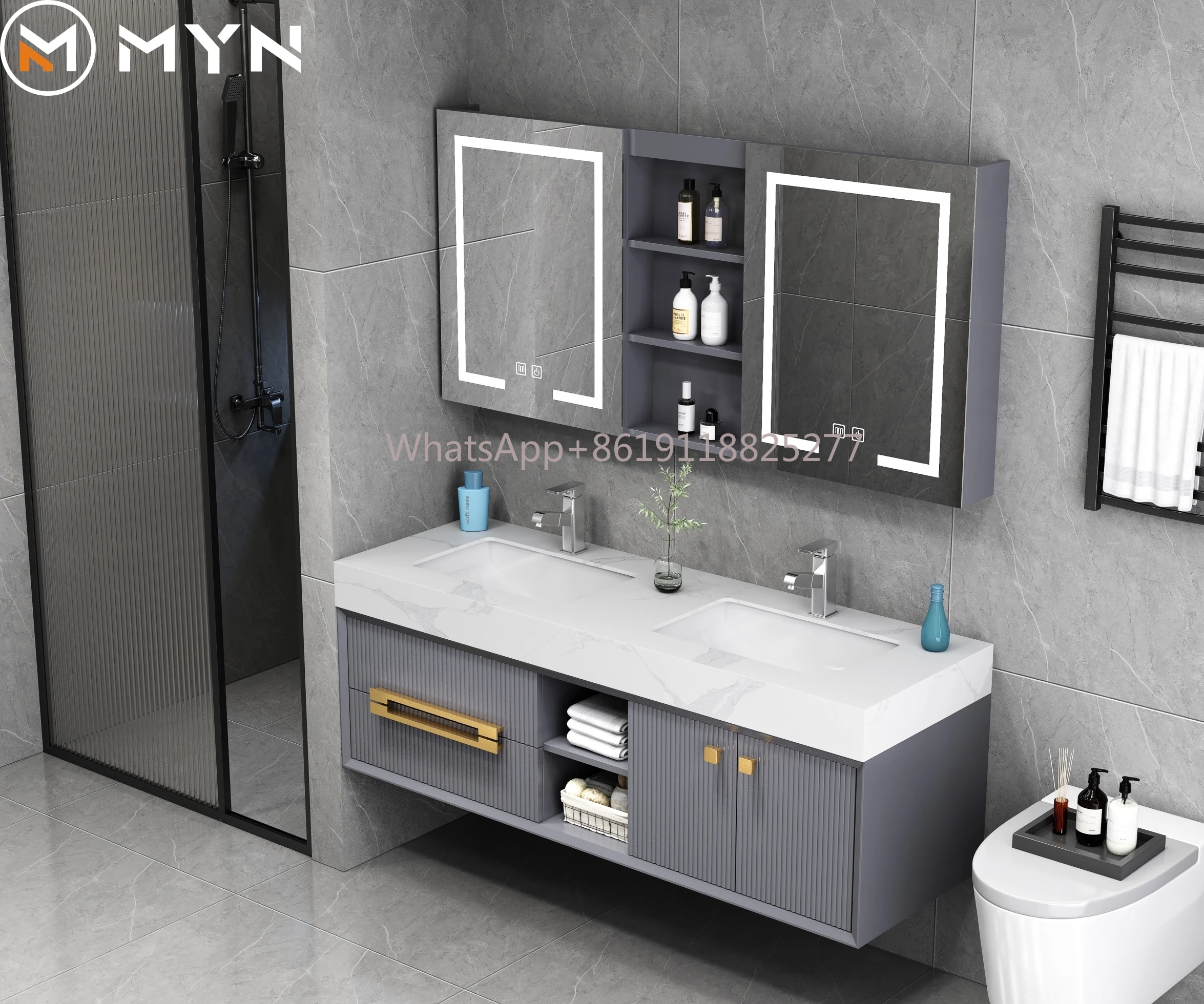 

Cabinet with Marble Top and Wash Basin Modern Bathroom Vanity Luxury USA Popular Grey Colored Solid Wood