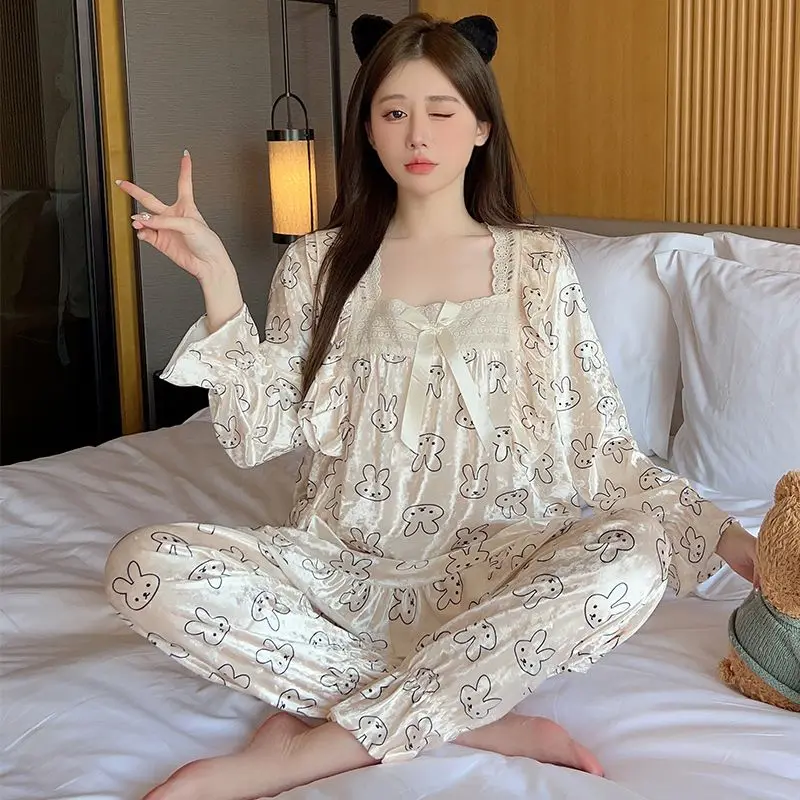 Ladies New Gold Velvet Pajamas Spring Autumn Women Lace Home Wear Suit Square Mouth Collar Loose Sweet Leisure Sleepwear Set