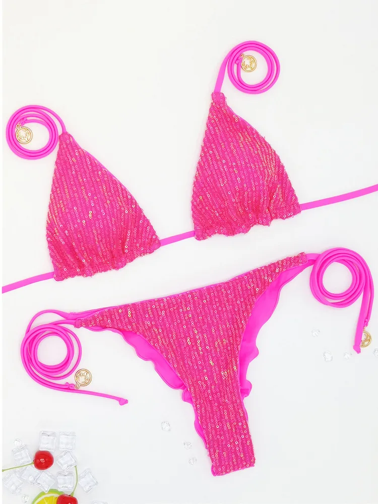 New 2026 Women's 8 Color Sequin Triangle Bikini Set Female Summer Sexy Beach Vacation Swimwear Pool Party Swimsuit