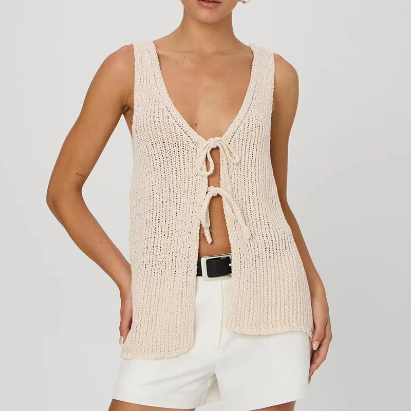 

Deep V Sexy Tank Top Women's Summer New Sleeveless Tie Knitted Tops Cardigan Simple Clothing Women 2024