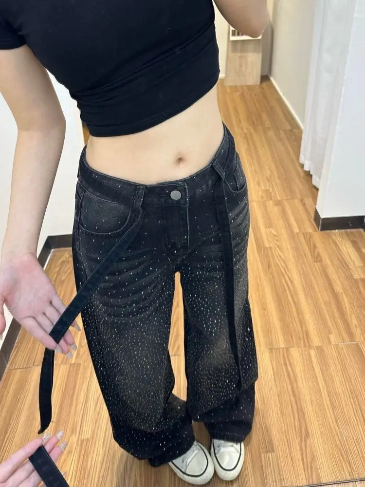 Women's Retro Washed Strap Design Black Jeans 90s Cool Girl High Waisted Denim Sweatpants Pants Y2K Female Denim Trousers