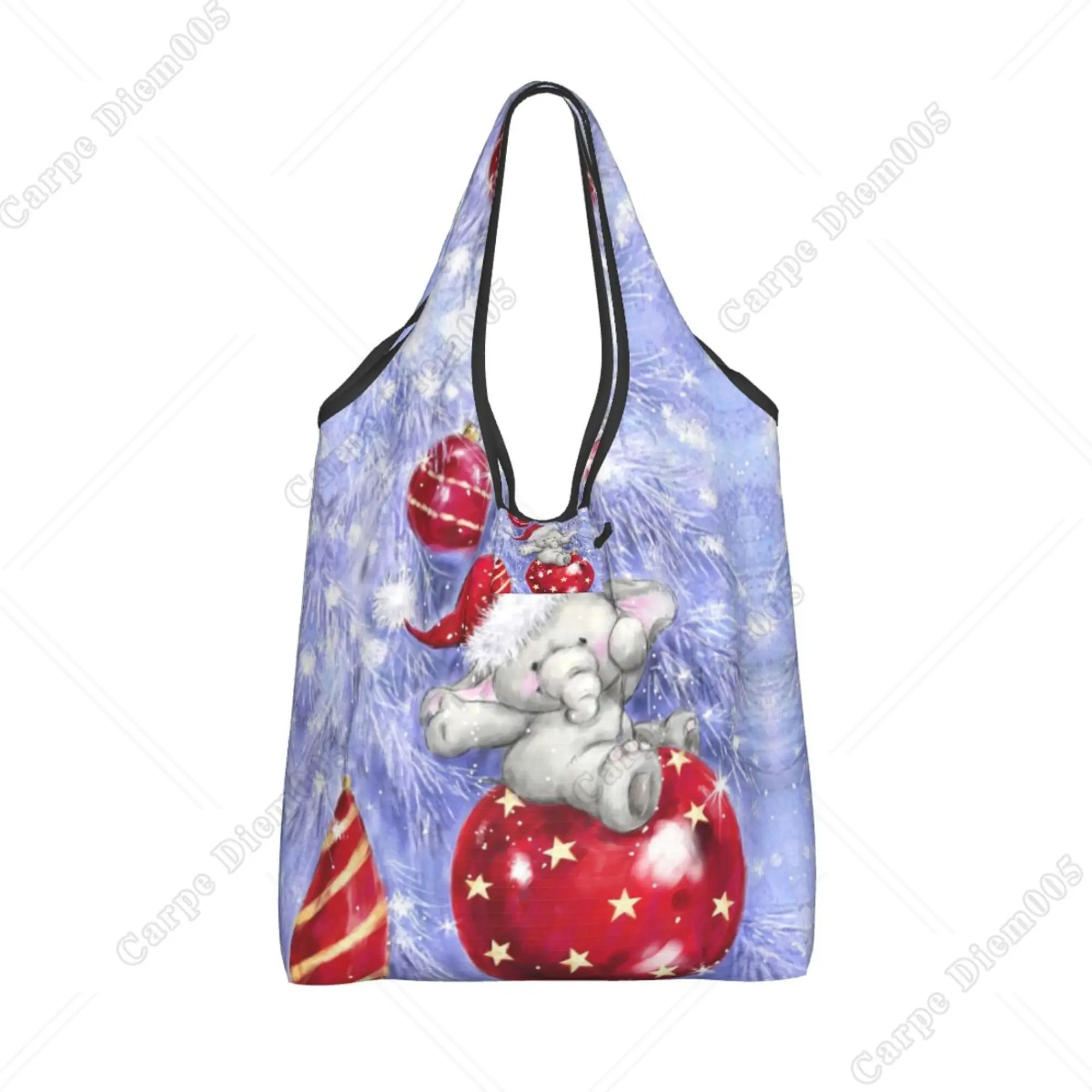 Snowflakes and Elephant Christmas Tote Bag Folding Shopper Bag for Women Shopping Work Walking No Zipper Reusable Shopping Bag