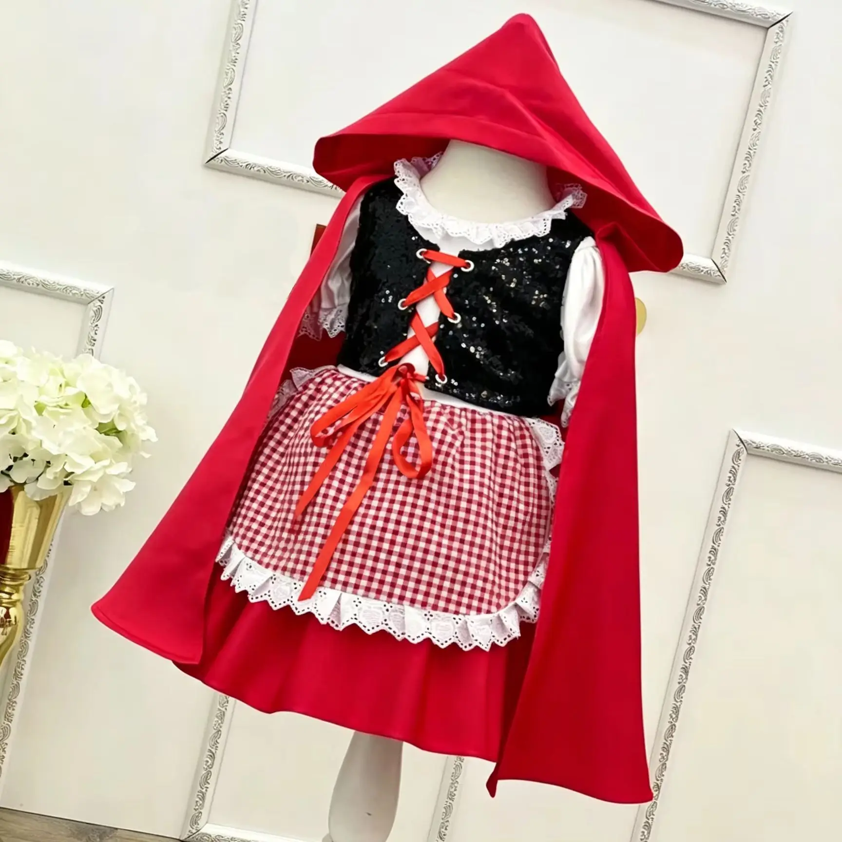 0-12Y Baby Girl Autumn Winter Red Plaid Vintage Princess Dress with Red Cape for Birthday Photography Holiday Eid C370