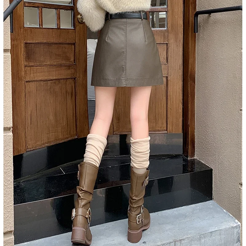 Pop Leder Röcke Frauen Neue Herbst Winter Mode Hohe Taille A-line Mini Rock Damen Casual PU Kurze Röcke Mit Gürtel